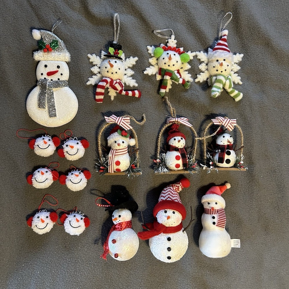 Vtg Snowman Snowflake Christmas Ornament Lot Holiday Cloth Styrofoam 16 pc